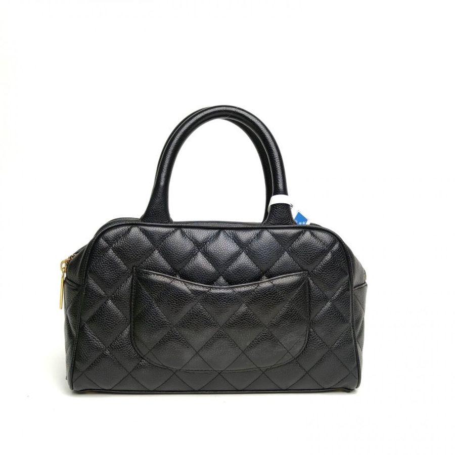 CHANEL 中古保齡球手提包黑色荔枝牛皮8開金扣肩背包-2