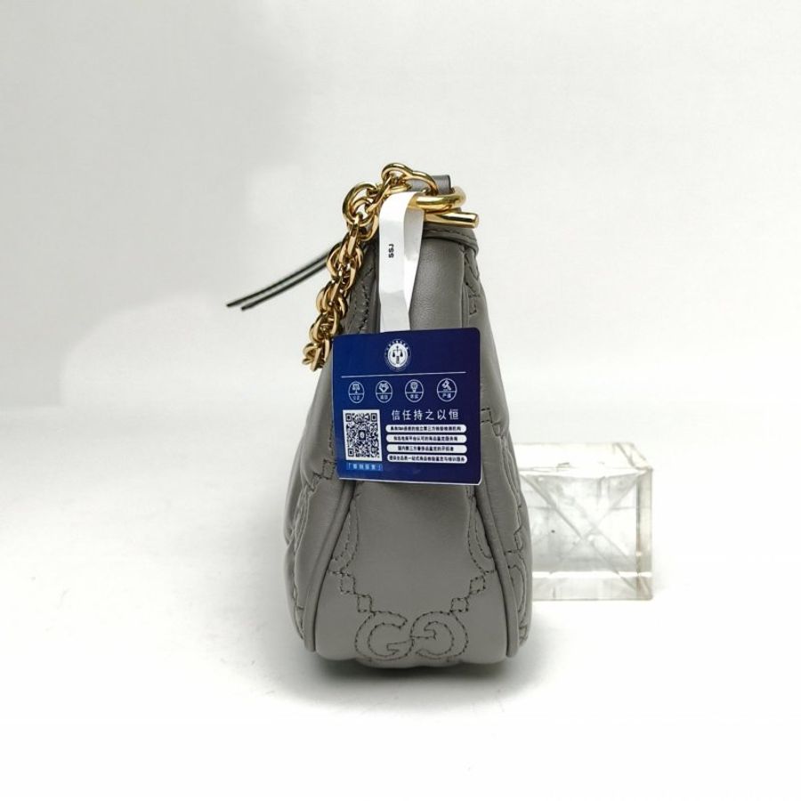 GUCCI 灰色牛皮金扣Matelasse提花凸紋麻將包肩背包-1