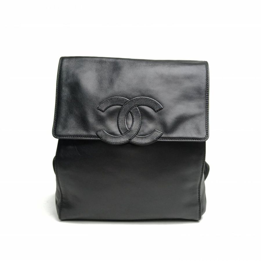 CHANEL 黑色羊皮6開金扣中古雙肩包肩背包-0