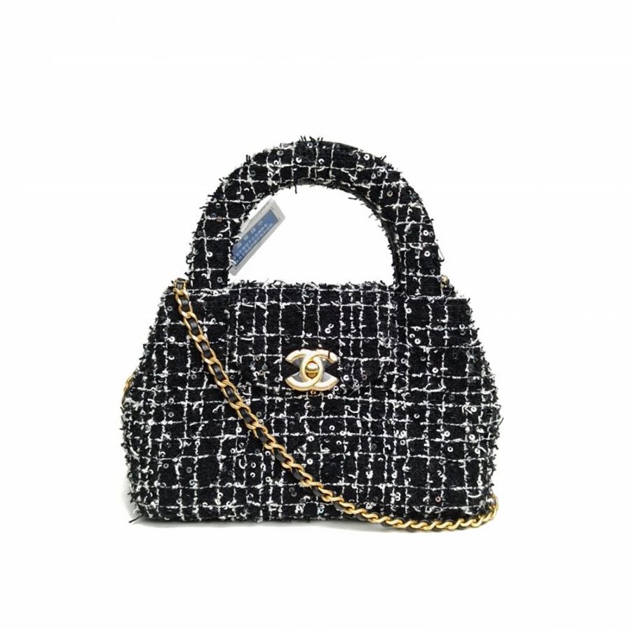 CHANEL 24AKelly鏈條黑白晶片開金扣毛呢亮片24P肩背包-0