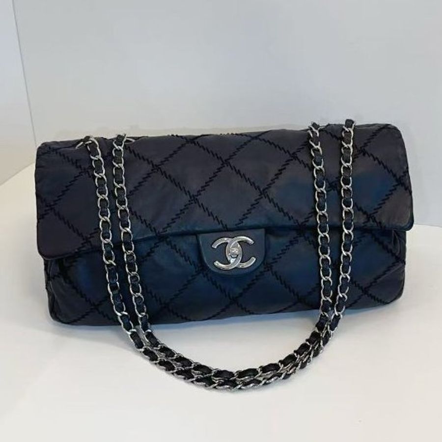 香奈兒/Chanel 黑銀外縫線 法棍機場CF 鏈條包-0