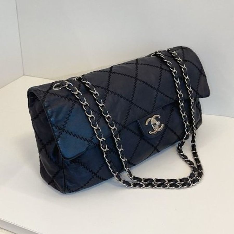 香奈兒/Chanel 黑銀外縫線 法棍機場CF 鏈條包-2