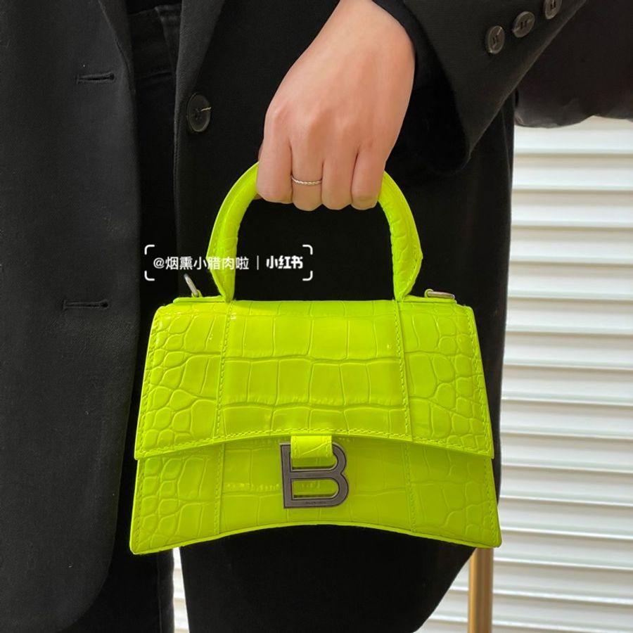 Balenciaga • Hourglass螢光綠鱷魚壓紋牛皮沙漏包銀釦 Xs-4