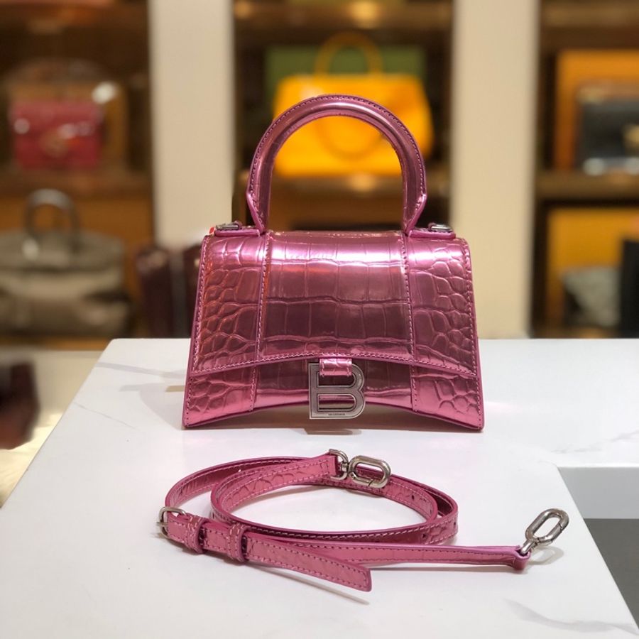 Balenciaga • Hourglass電光粉鱷魚壓紋牛皮沙漏包銀釦 Xs-1