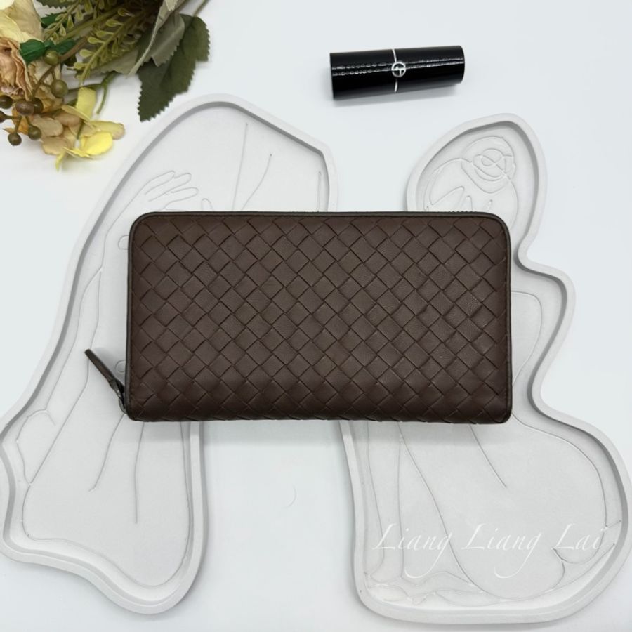 BOTTEGA VENETA BV經典小羊皮編織咖啡棕色拉鍊長夾-0