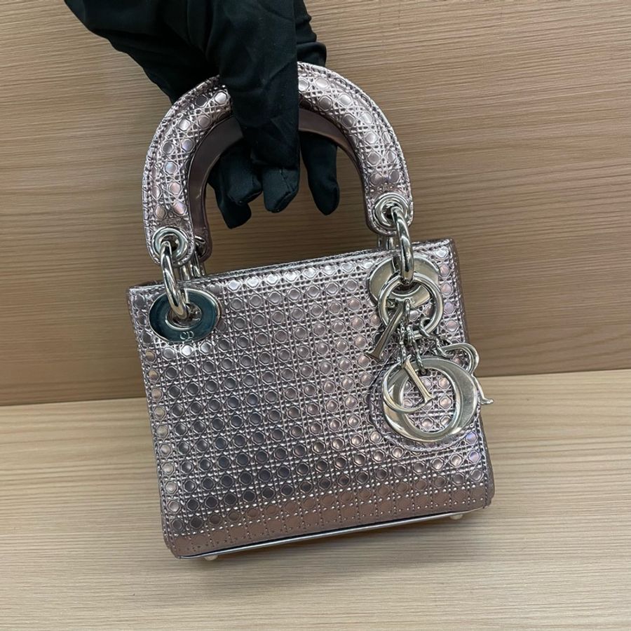 Dior迪奥 lady 限量款 手提包粉色 銀扣 牛皮迷你 無附件-8