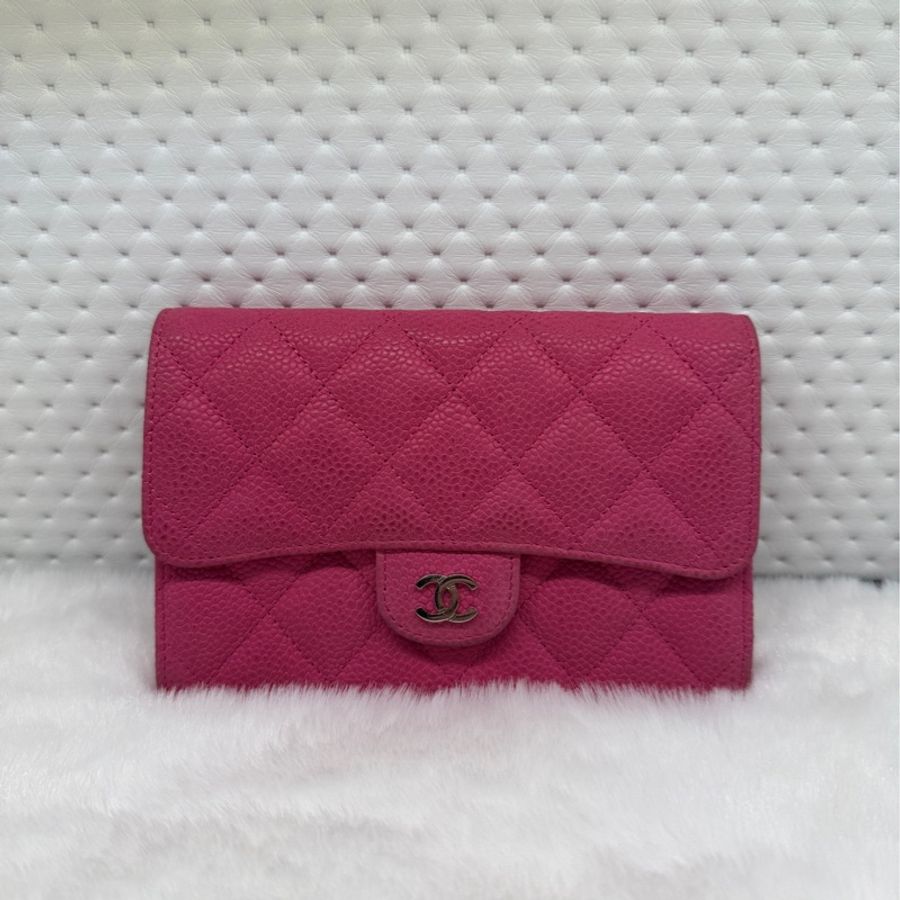 Chanel香奈兒粉色銀扣荔枝紋牛皮錢包 20開無卡 97新 底長15cm-0