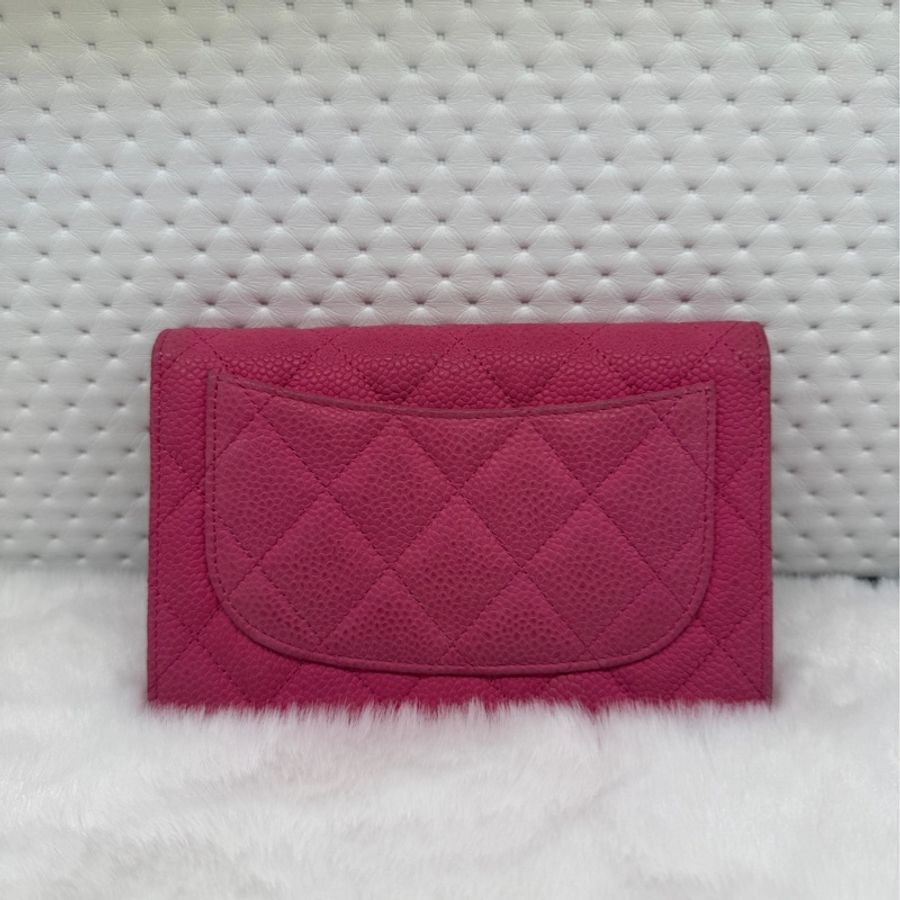 Chanel香奈兒粉色銀扣荔枝紋牛皮錢包 20開無卡 97新 底長15cm-1