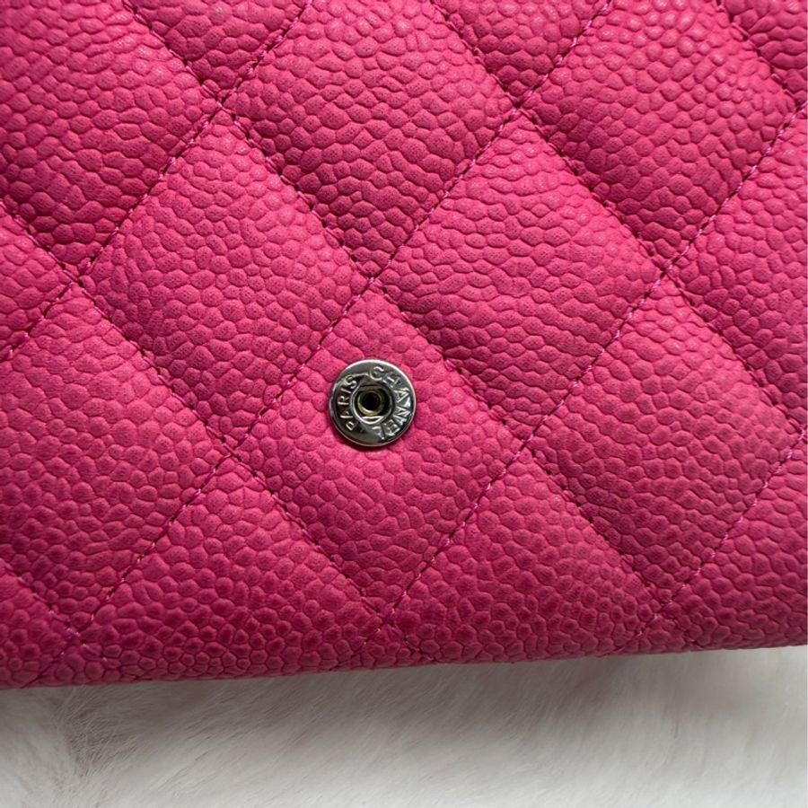 Chanel香奈兒粉色銀扣荔枝紋牛皮錢包 20開無卡 97新 底長15cm-6
