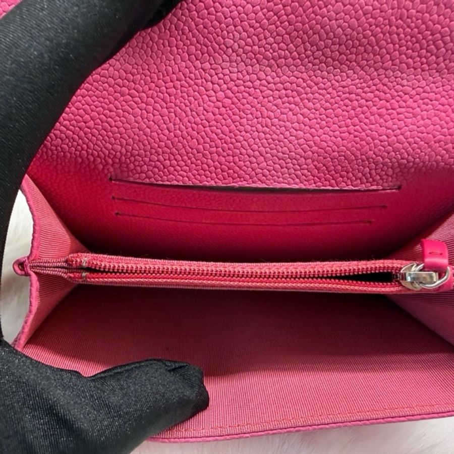 Chanel香奈兒粉色銀扣荔枝紋牛皮錢包 20開無卡 97新 底長15cm-9