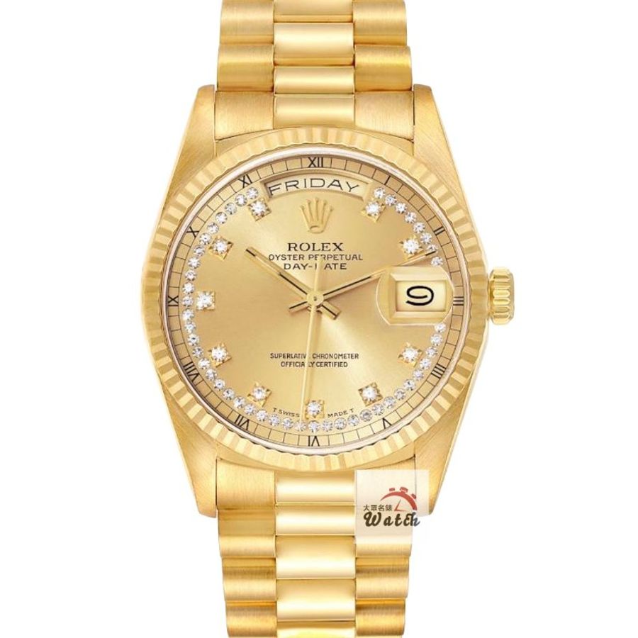 【大眾名錶】ROLEX 勞力士18238 Day-Date 蠔式18K 原廠錶帶未整理 市場少有 多層鑽鑽石時標面盤 底蓋原廠貼紙 大眾名錶G255-0