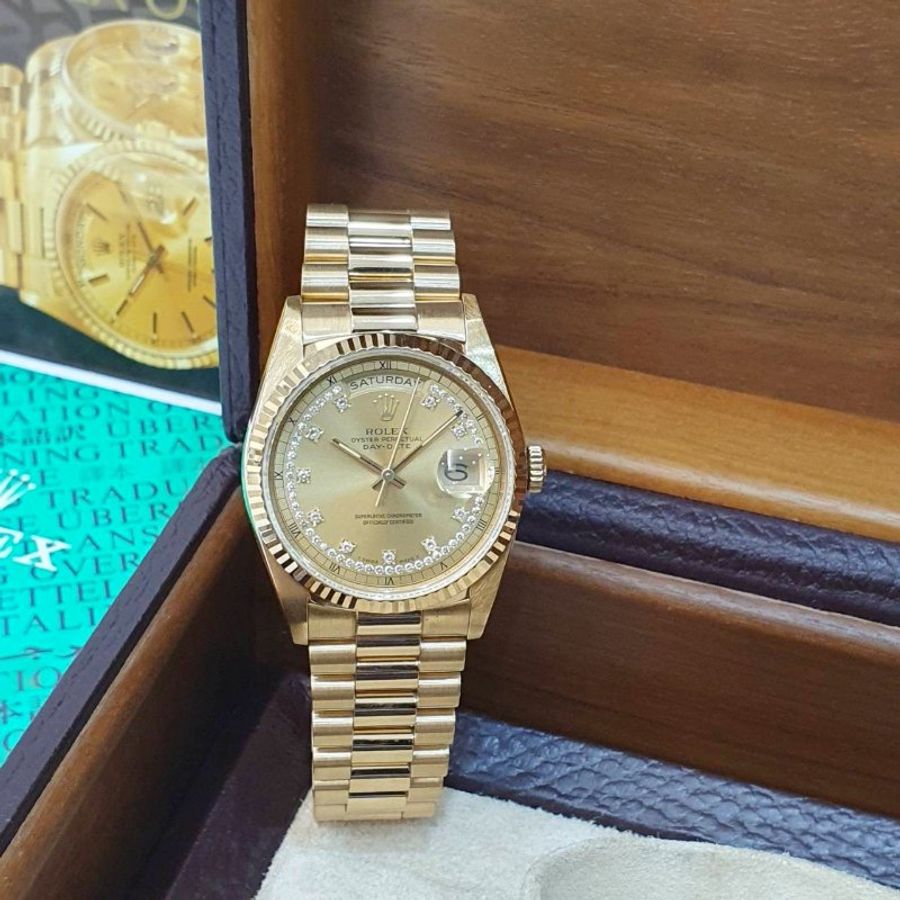 【大眾名錶】ROLEX 勞力士18238 Day-Date 蠔式18K 原廠錶帶未整理 市場少有 多層鑽鑽石時標面盤 底蓋原廠貼紙 大眾名錶G255-1