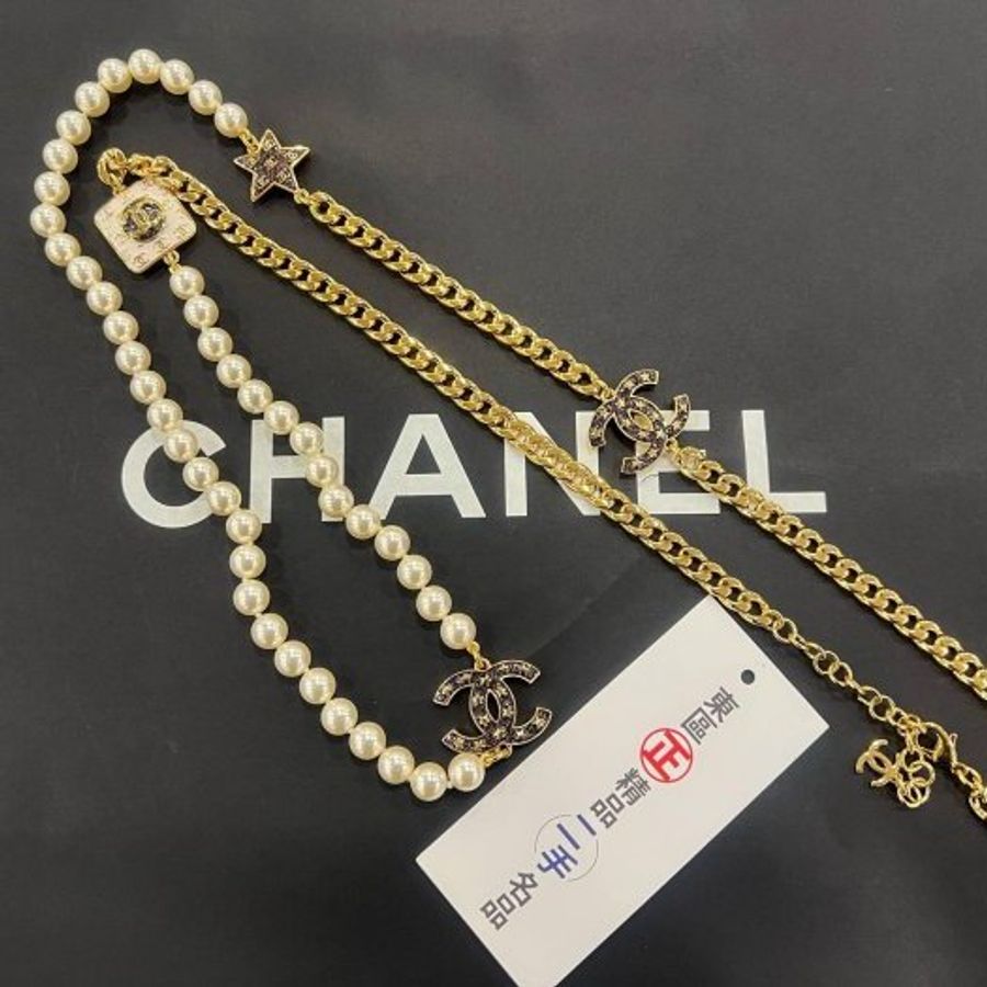 東區正精品㊣CHANEL 香奈兒金色雙C Logo 星星珍珠長項鍊 RZ6394-0