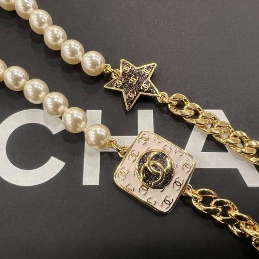東區正精品㊣CHANEL 香奈兒金色雙C Logo 星星珍珠長項鍊 RZ6394-2