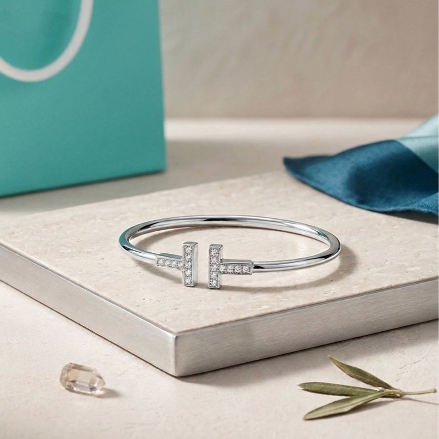 Tiffany & Co. 蒂芙尼 Tiffany T Wire 18K 白金鑲鑽手環Small-0
