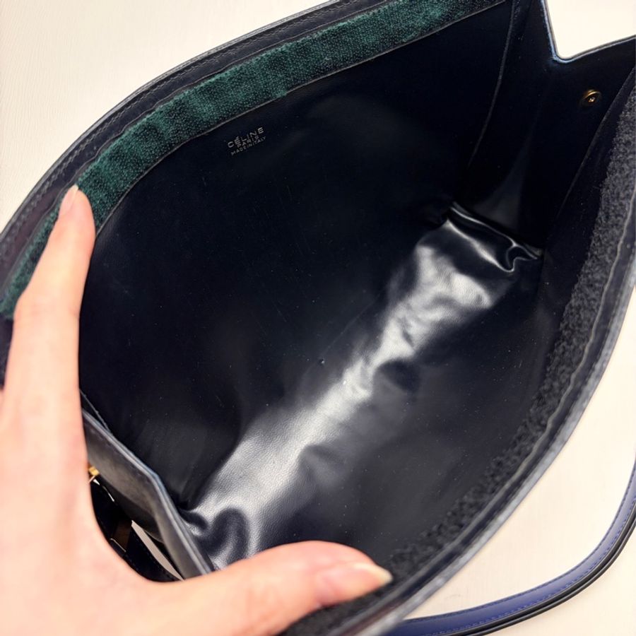 Celine 深藍帆布皮革拼接手拿包 腋下包 斜背包 輕巧-16