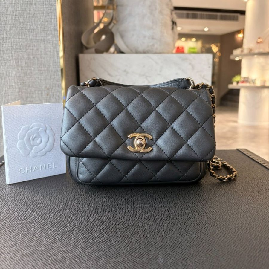 CHANEL 小牛皮單金格紋手提斜背鏈包 灰銀-0