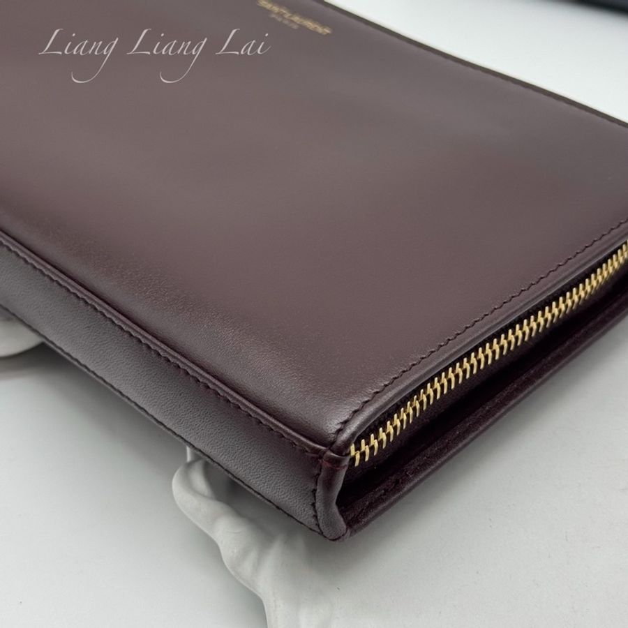 SAINT LAURENT 聖羅蘭 勃根地酒紅色小牛皮手拿長夾-23
