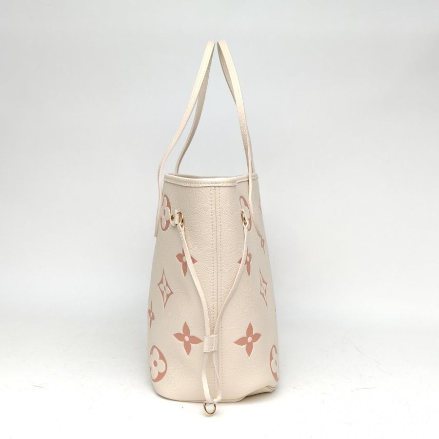 LOUIS VUITTON Neverfull中號米白色牛皮金扣晶片老花壓紋肩背包-3
