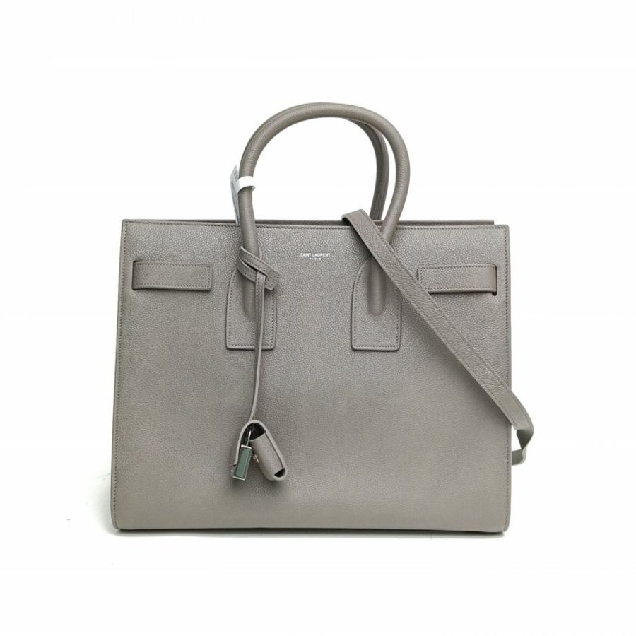 SAINT LAURENT ClassicSacDeJour風琴包大號灰色牛皮銀扣肩背包-0