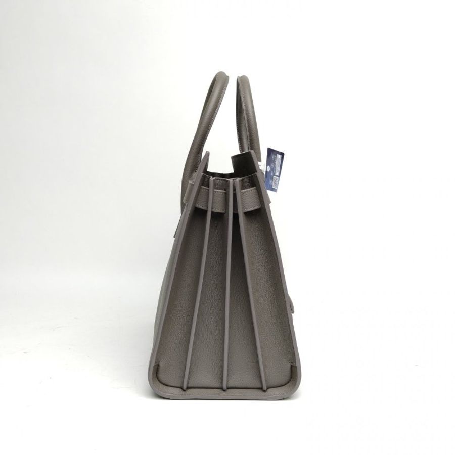 SAINT LAURENT ClassicSacDeJour風琴包大號灰色牛皮銀扣肩背包-3