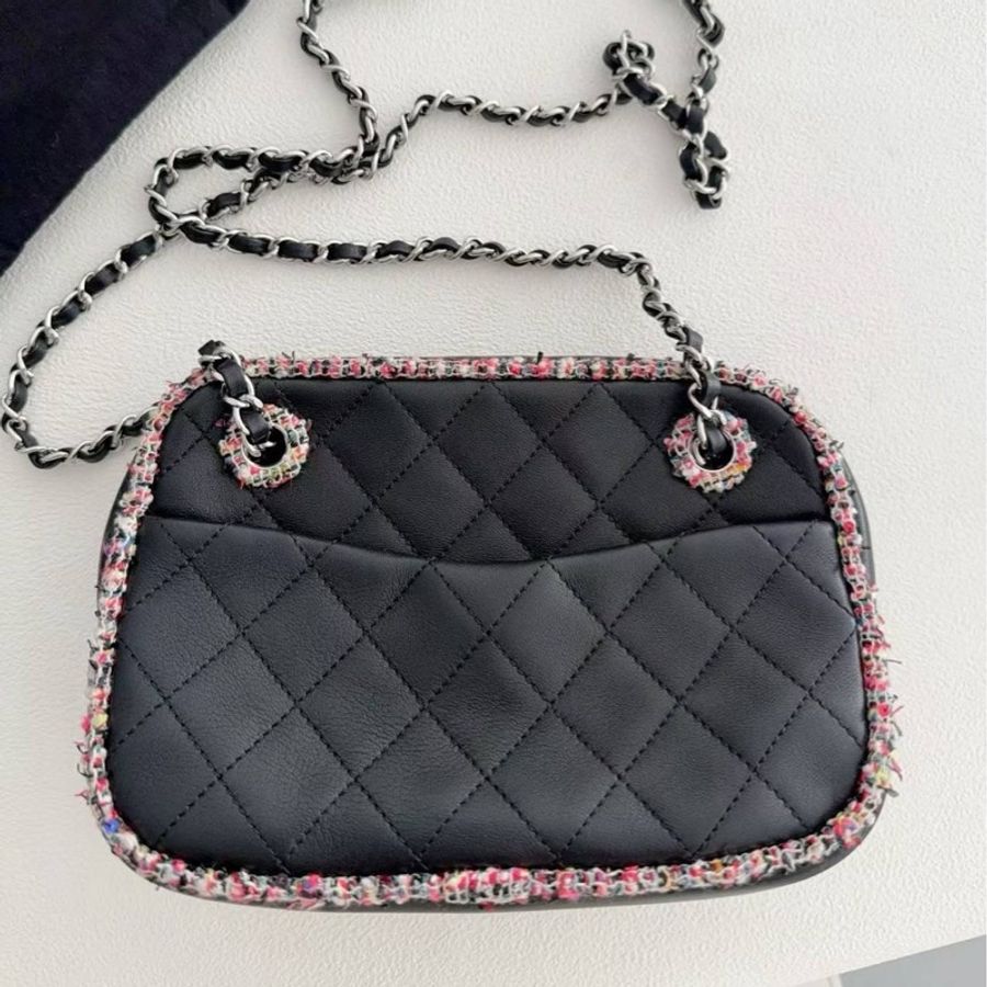 Chanel香奈兒 黑色 彩色 粗花呢 包邊 相機包 斜背包 側背包 肩背包-8