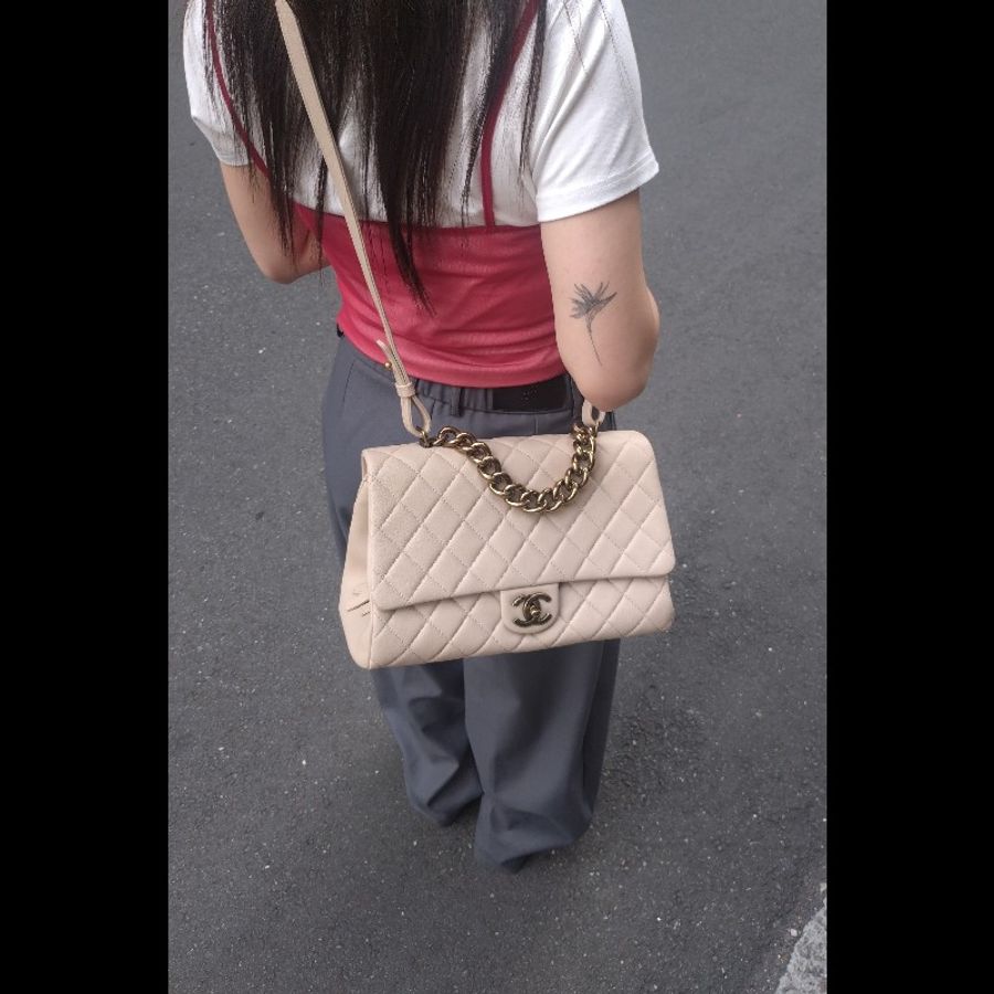 Chanel 粗古銅鍊帶淺駝牛皮菱格3層口蓋包-2