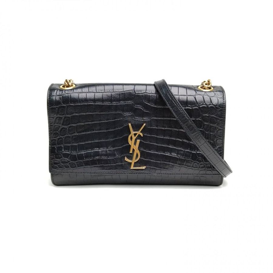 SAINT LAURENT 黑色牛皮金扣KATE鱷魚壓紋雙層風琴包肩背包-0