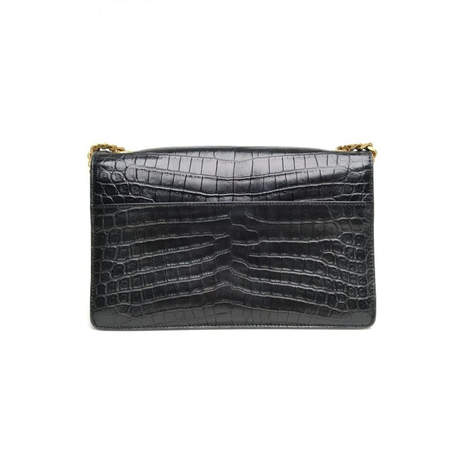 SAINT LAURENT 黑色牛皮金扣KATE鱷魚壓紋雙層風琴包肩背包-2