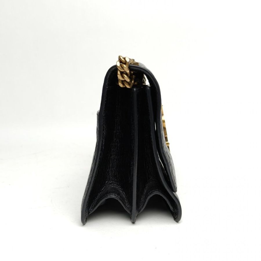 SAINT LAURENT 黑色牛皮金扣KATE鱷魚壓紋雙層風琴包肩背包-3
