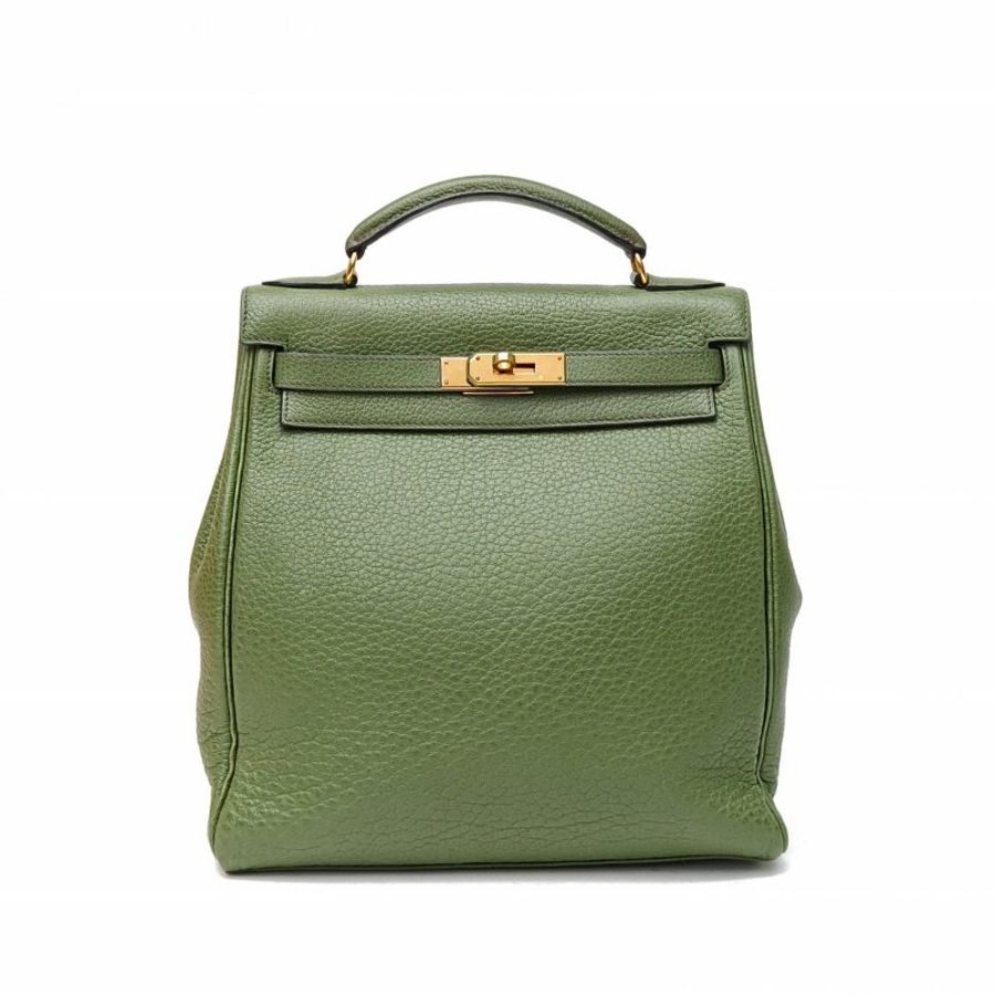 HERMES KellyAdoGm雙肩包草坪綠阿登皮框E金扣肩背包-0