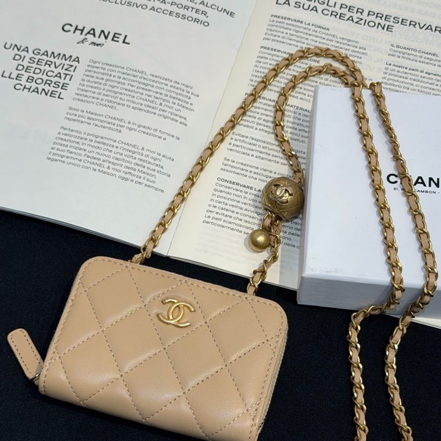 CHANEL粉金金球拉鍊肩背零錢包/31-0