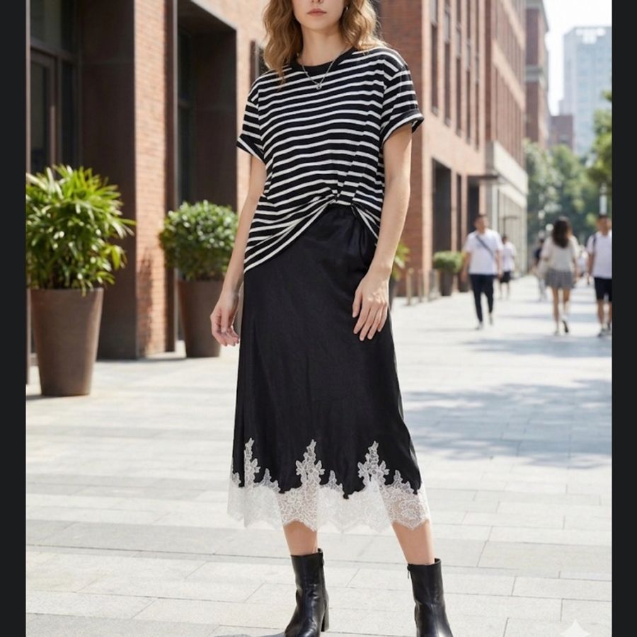 99)精品3.1 Phillip Lim 條紋拼接緞面洋裝:層次感細膩蕾絲 L號-0