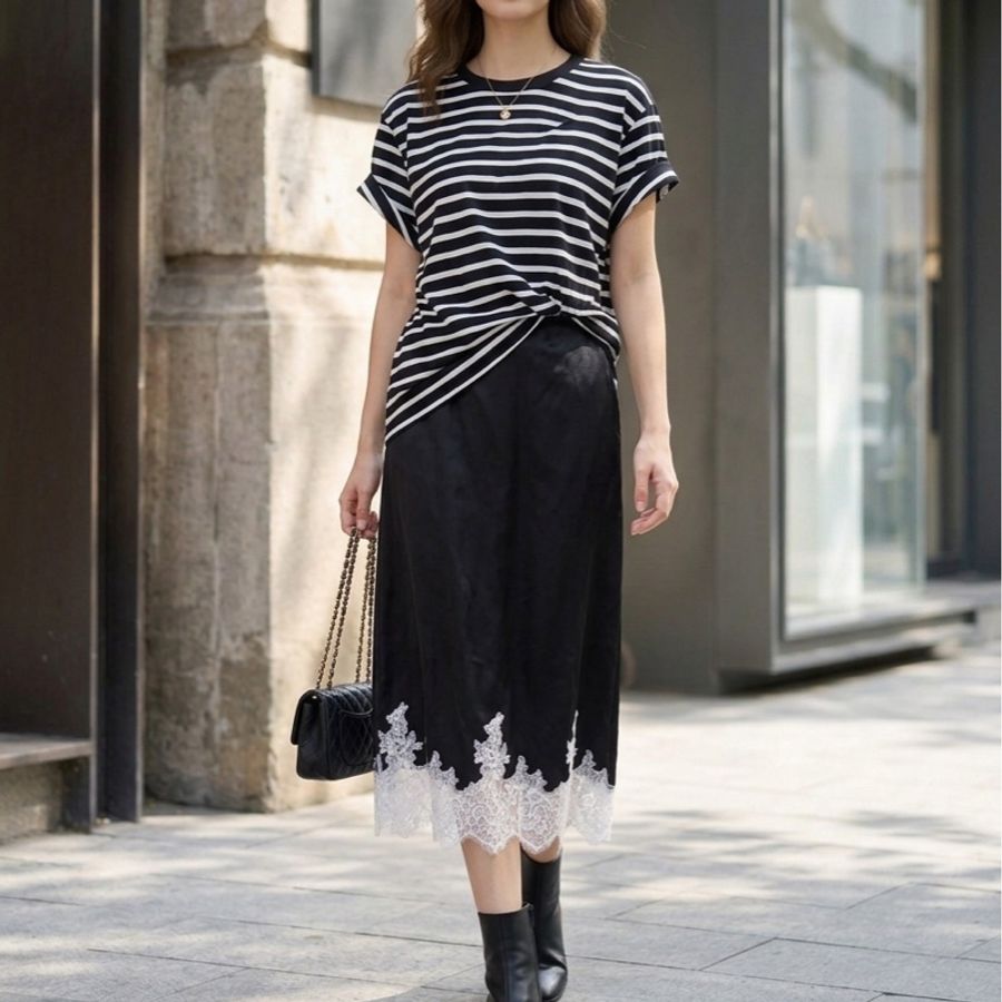 99)精品3.1 Phillip Lim 條紋拼接緞面洋裝:層次感細膩蕾絲 L號-1