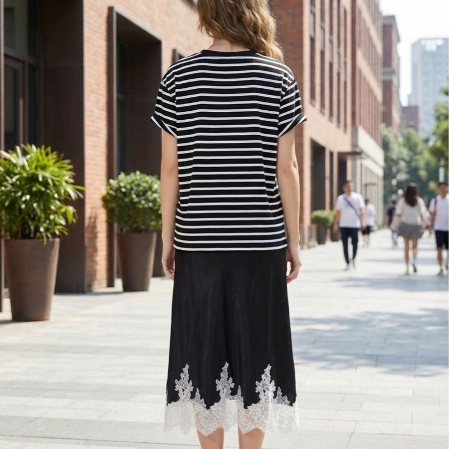 99)精品3.1 Phillip Lim 條紋拼接緞面洋裝:層次感細膩蕾絲 L號-2