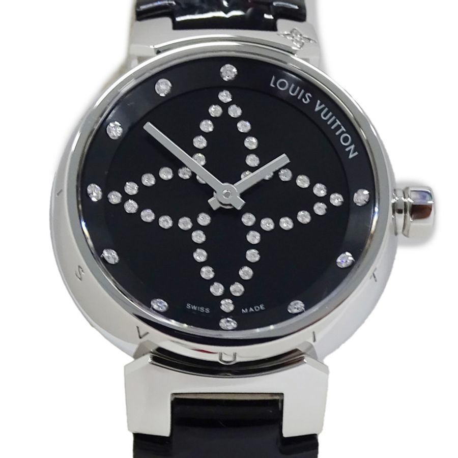路易威登 (Louis Vuitton) 女士腕錶 Tambour Forever 鑽石石英 QZ 不鏽鋼 SS 皮革 Q12M5 銀色黑色-1