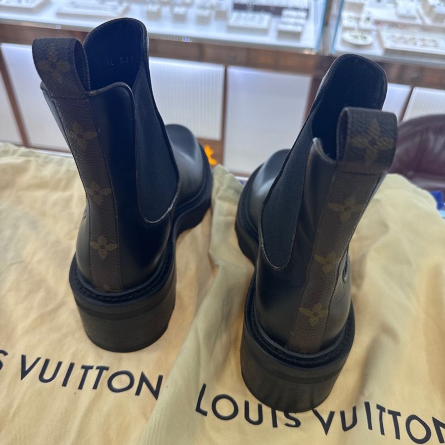 LouisVuitton經典黑色牛皮拼老花粗跟中筒靴 塵袋+有盒子/ 37.5-2