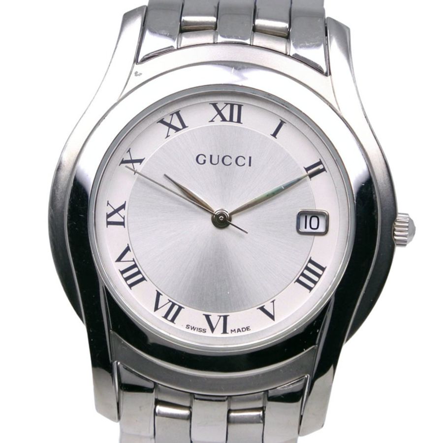 Gucci 5500M 女士不鏽鋼石英模擬腕錶，銀色錶盤-0