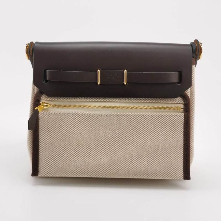 Hermes Herbag20馬鞍釘鎖扣斜挎包Hunter牛皮帆布金扣46烏木色米白色W刻-4