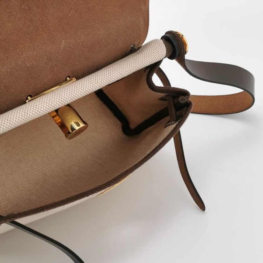 Hermes Herbag20馬鞍釘鎖扣斜挎包Hunter牛皮帆布金扣46烏木色米白色W刻-6