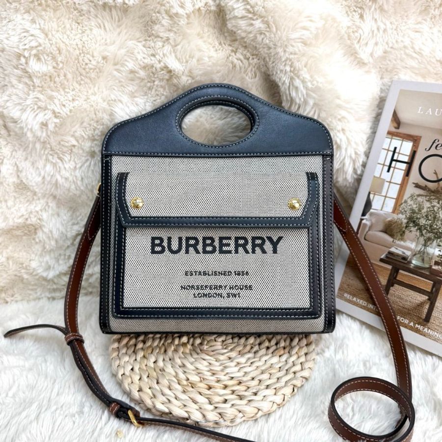 BURBERRY Pocket 口袋包 灰色拼黑色 字母印花 塗層帆布拼牛皮 mini-0