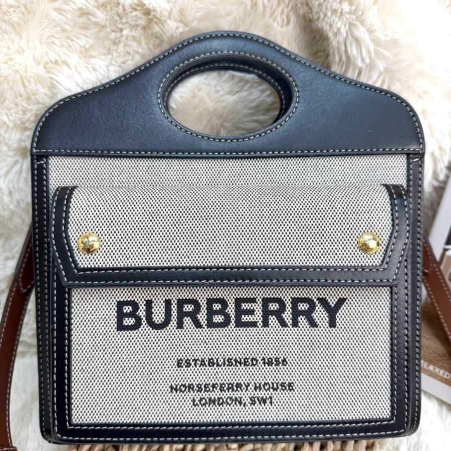 BURBERRY Pocket 口袋包 灰色拼黑色 字母印花 塗層帆布拼牛皮 mini-1