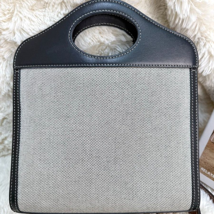 BURBERRY Pocket 口袋包 灰色拼黑色 字母印花 塗層帆布拼牛皮 mini-2