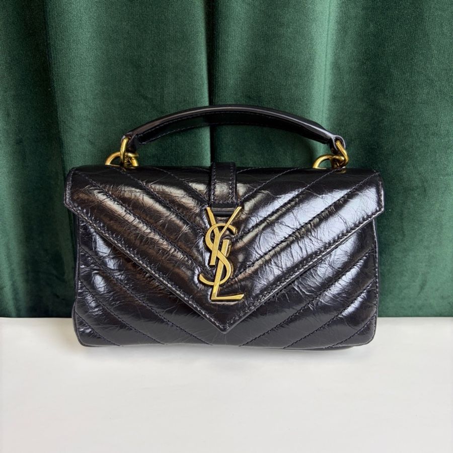 YSL College mini黑金油蠟皮手提斜挎包 24年編碼 搭配可拆卸的金屬鏈條 尺寸約20×13×3-1