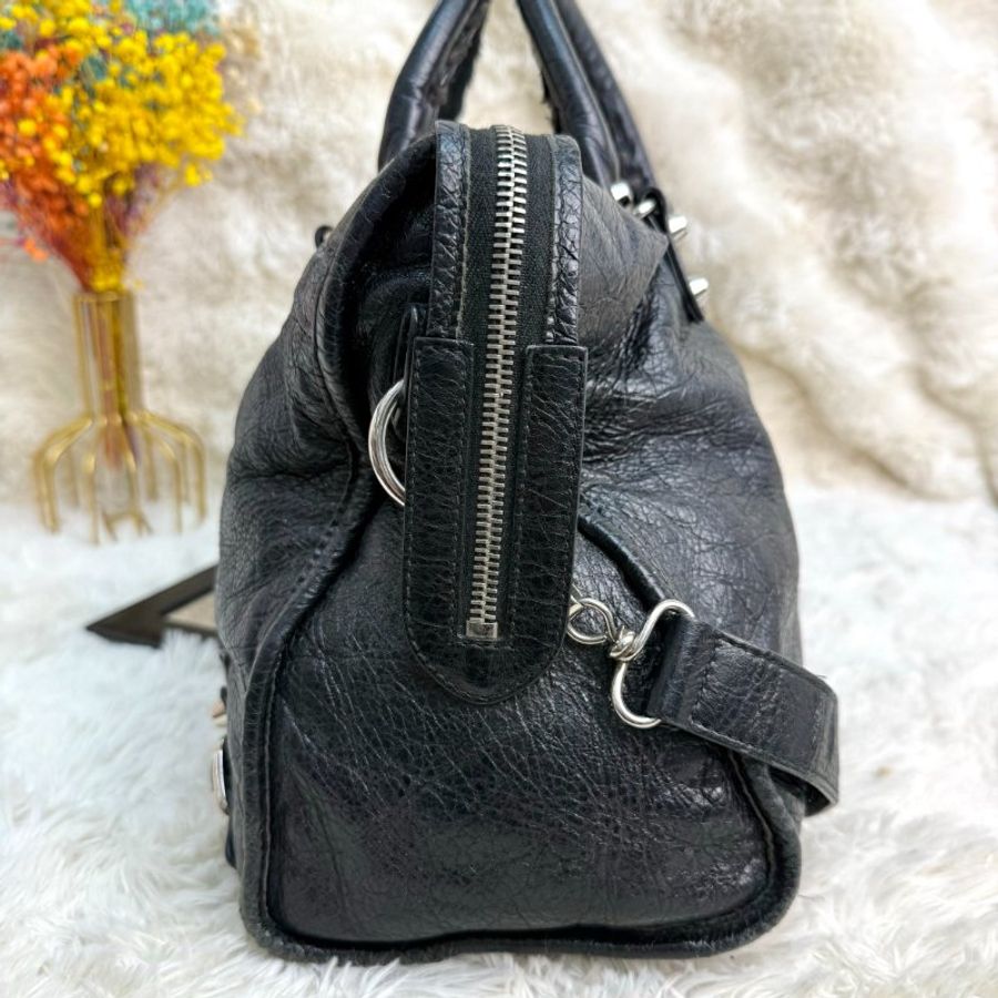 BALENCIAGA CITY 機車包 黑色 油蠟皮 大號 螺紋銀扣-3