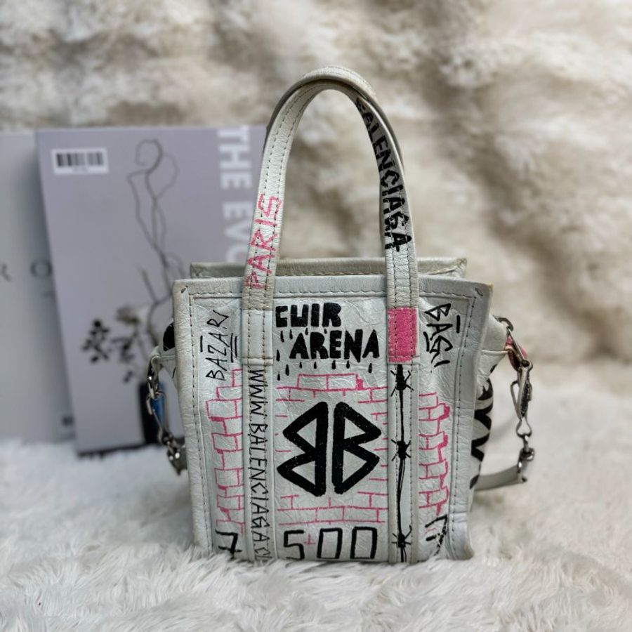 BALENCIAGA Bazar Shopper 白色 塗鴉 羊皮 xxs-1