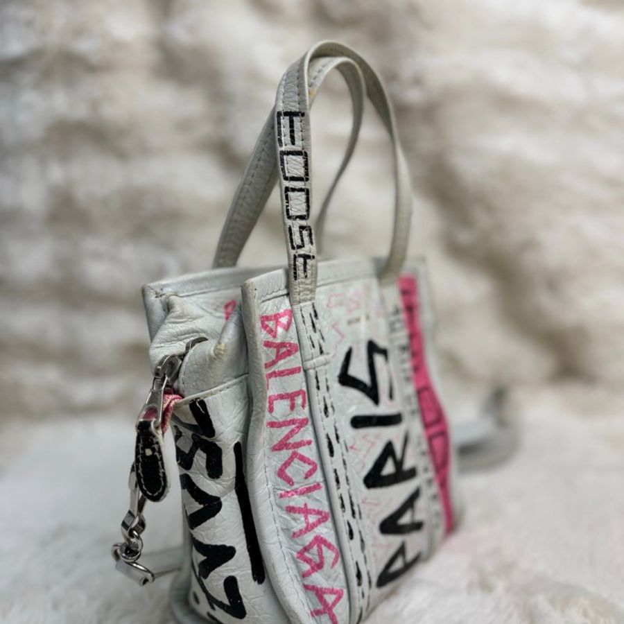 BALENCIAGA Bazar Shopper 白色 塗鴉 羊皮 xxs-2