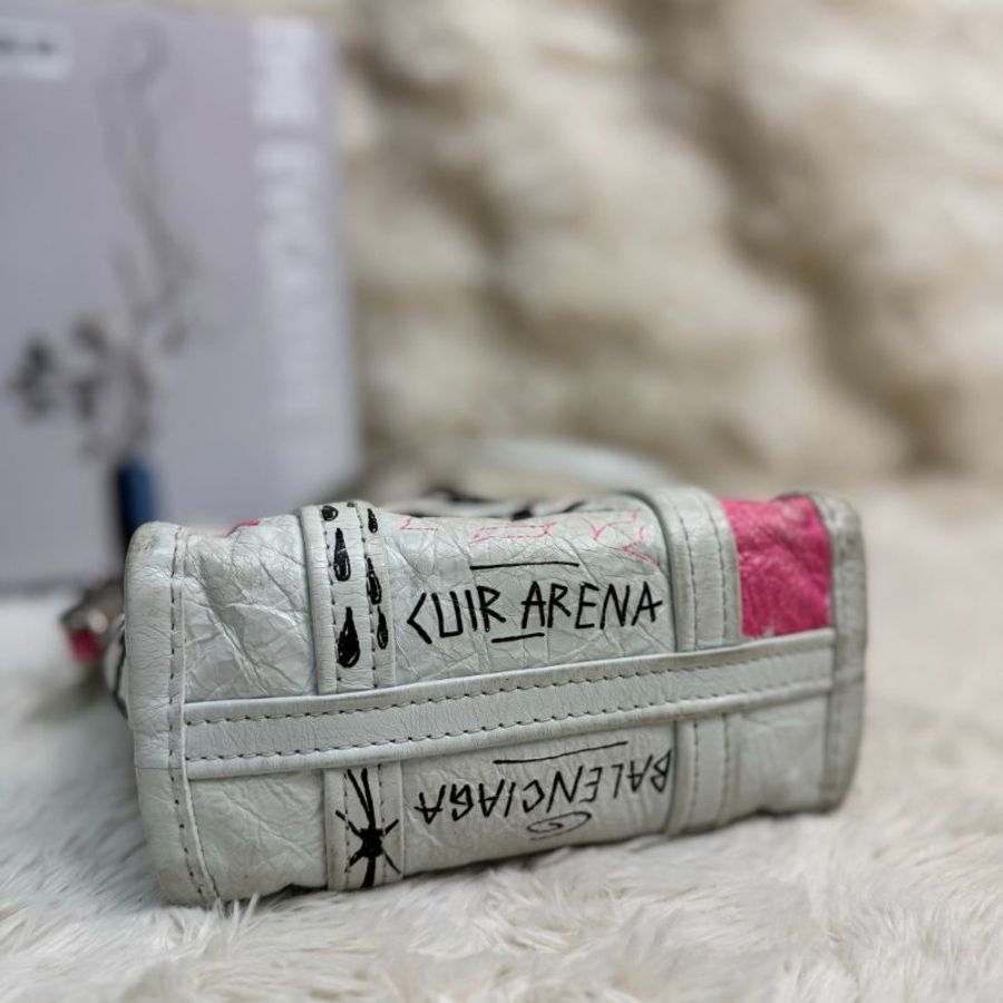 BALENCIAGA Bazar Shopper 白色 塗鴉 羊皮 xxs-3
