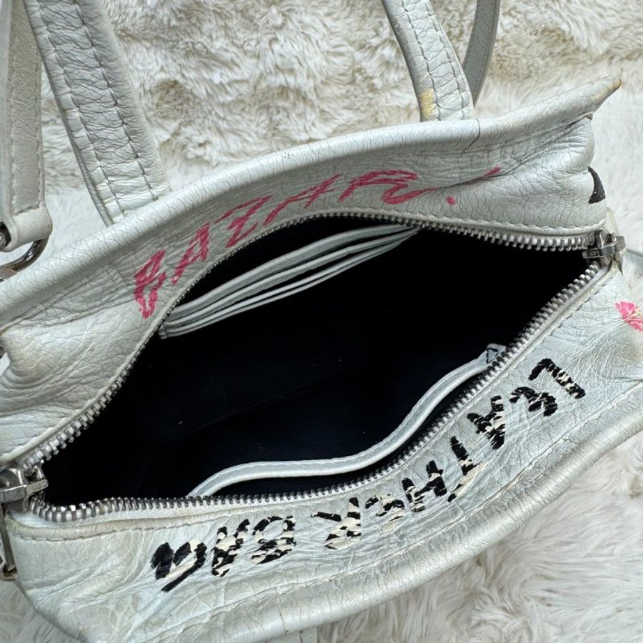BALENCIAGA Bazar Shopper 白色 塗鴉 羊皮 xxs-5