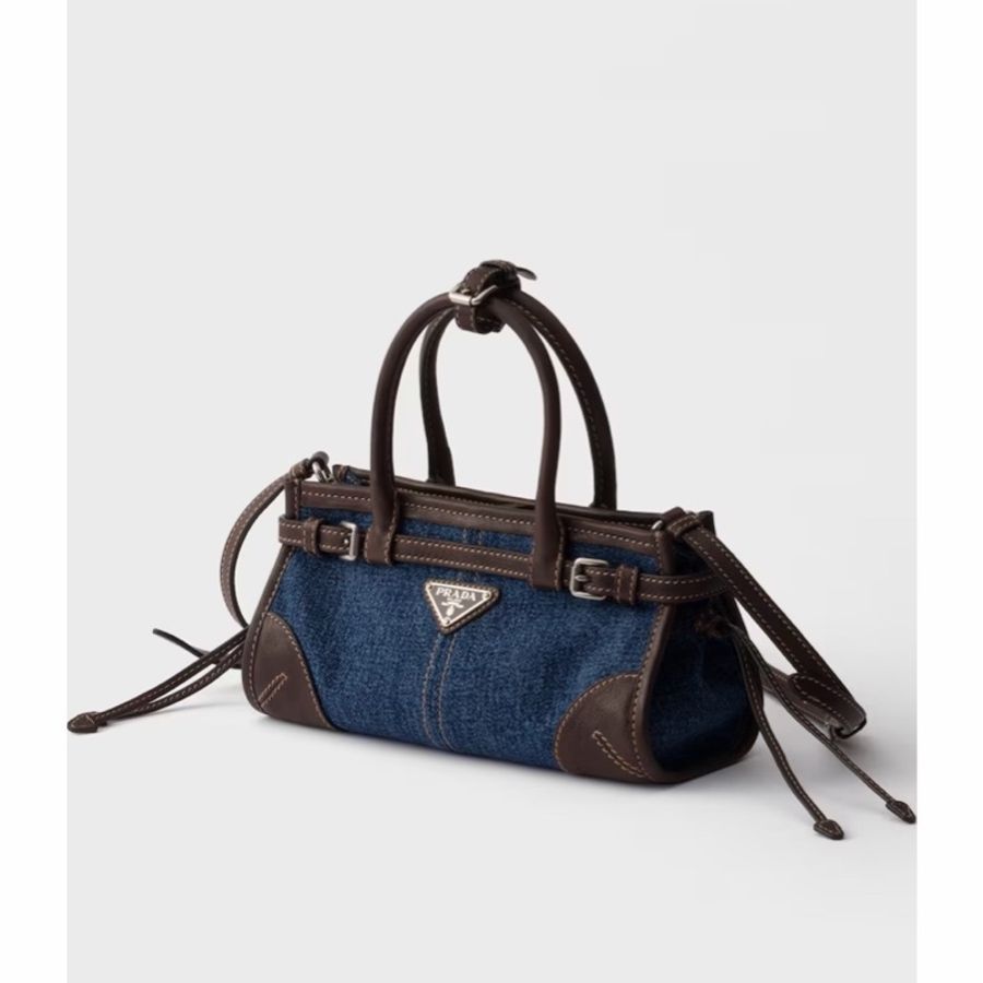 Prada 女士 Bonnie 小號牛仔布和水牛皮手提包均碼碼小號、23.5cm*9cm*12cm-2